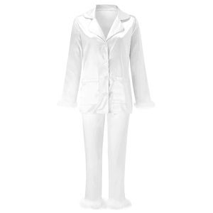 Feather Trim Satin Button-Up Top and Bottoms Pajamas